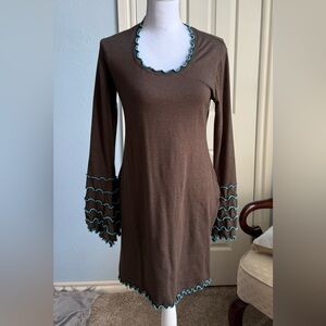 Laura Hlavac Chic Long Sleeve Brown Dress with Blue Accents
